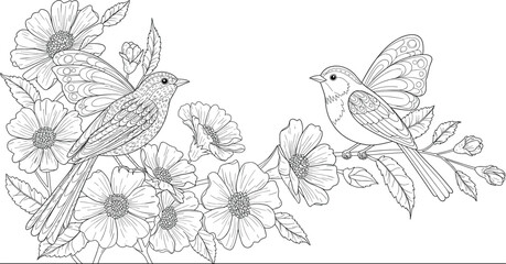 PrintBeautiful birds with butterfly-style wings sitting among blooming flowers, detailed botanical line art illustration for coloring pages, elegant decorative nature artwork composition