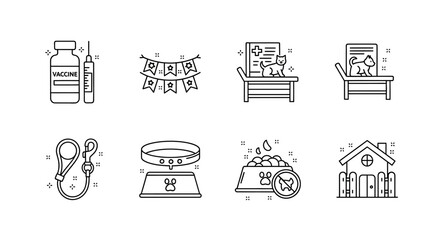 Pet care essentials: vaccine, adoption, vet clinic, and supplies line icons