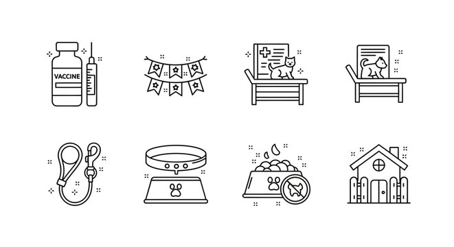 Pet care essentials: vaccine, adoption, vet clinic, and supplies line icons