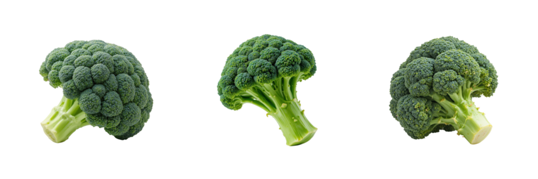 Three broccoli florets isolated on transparent background