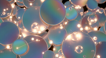 Captivating iridescent spheres with glowing lights create a magical, ethereal, and futuristic abstract background perfect for technology and innovation themes