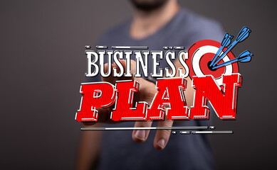 Business plan concept, goal achievement, success, strategy and target. Darts hitting bullseye on...