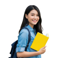 Young asian female student with backpack and bright yellow book smiling cheerfully isolated on transparent background