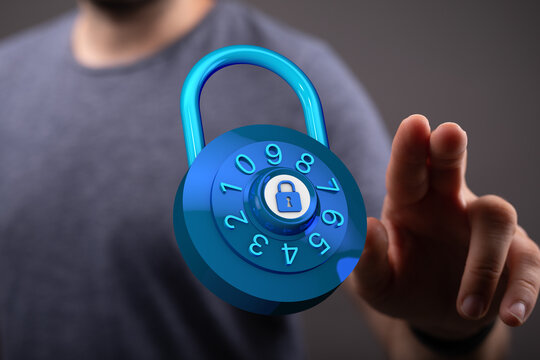 Secure digital technology concept showing hand touching a padlock icon. Data protection, privacy, and online se
