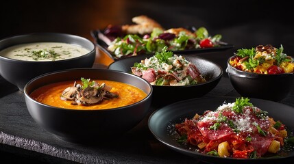 A delicious spread of soups, salads, and pasta dishes awaits! Indulge in creamy soups, fresh salads, and flavorful pasta creations. A culinary adventure!