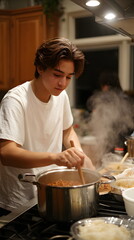 Young man cooking food in kitchen with steam rising from pot  