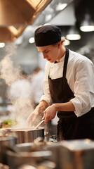 Young chef cooking and stirring in a busy restaurant kitchen  