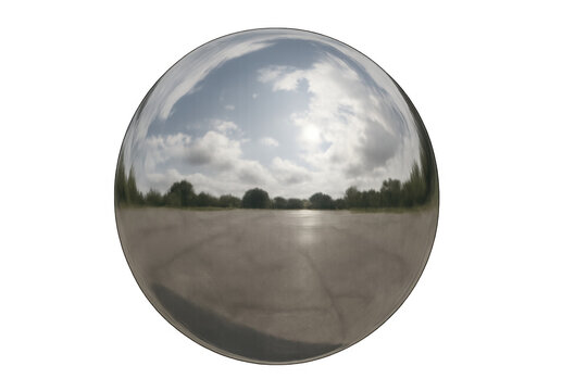Reflective chrome sphere showing distorted landscape, clouds, and sunny sky on transparent background