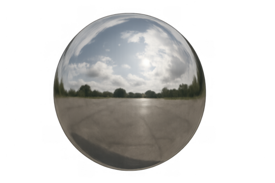 Reflective chrome sphere showing distorted landscape, clouds, and sunny sky on transparent background