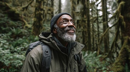 Contemplative man with gray beard & beanie, gazing upwards in awe in a dense, lush forest. Peaceful scene of nature, appreciation, & quiet reflection. Inspiring hike.