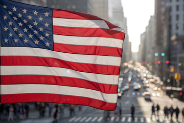 American Flag Over Busy City Street