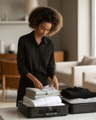 Young black woman organizing clothes while packing a suitcase at home  