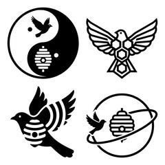 Bird and hive collection of four unique bird and beehive logo designs isolated on