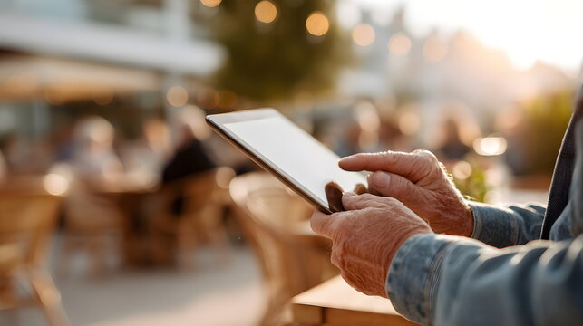 Man using tablet device outdoors at cafe during sunset, Person working remotely, outdoor café, warm daylight