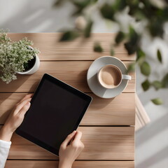Person holding tablet mock up with coffee and plants on wooden table
