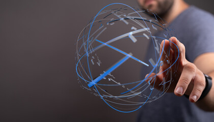 Conceptual image of a person interacting with a digital globe, representing global connectivity, technology, and innovation. Perfect for technol