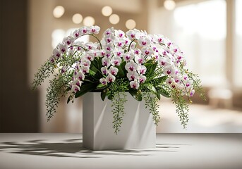 Fototapeta premium Delicate cascading white wisteria flowers in a modern white pot on a table indoors