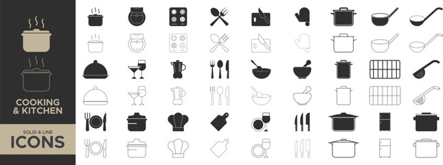 Cooking and Kitchen Icon Set Modern Solid and Line Style Utensils, Tools, and Appliance icons Illustrations.cooking and Kitchen icons in minimalist line style with editable strokes.