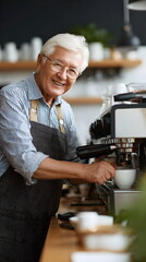 
Elderly barista operating espresso machine behind counter, inviting atmosphere