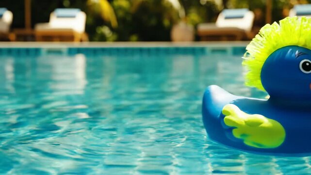 Rubber Duck with Mohawk in Swimming Pool - A blue rubber duck with a bright green mohawk floats in a clear blue swimming pool on a sunny day.