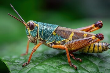 Fototapeta premium Close-up view of a colorful grasshopper on green leaf