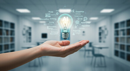 Discover groundbreaking AI innovations with a brilliant lightbulb idea held in an open hand, symbolizing future knowledge and education.