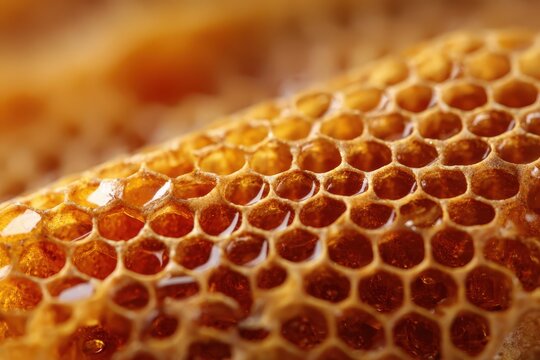 Close-up view of honeycomb showcasing intricate hexagonal patterns and golden hue