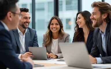Group of professionals smiling and laughing during a business meeting. High quality