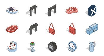 Isometric icons collection featuring pizza, steak, construction barriers, and sports equipment