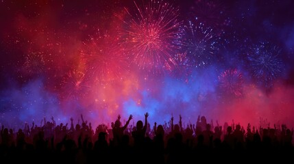 Crowd cheers joyfully as vibrant fireworks light up the night sky in celebration