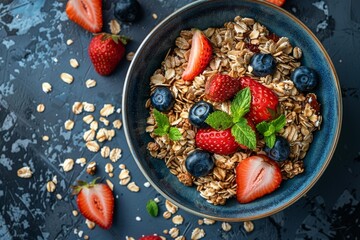 Delicious and nutritious breakfast featuring muesli, fresh strawberries, blueberries, and mint leaves in a bowl, promoting a healthy lifestyle