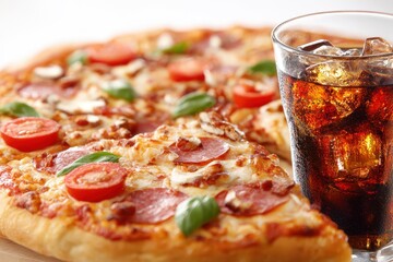 Delicious pizza with pepperoni, tomatoes, and refreshing cola on a sunny day