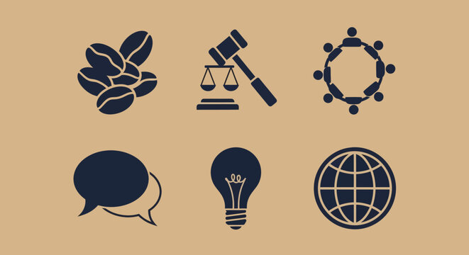 Minimalist icon set featuring coffee, justice, networking, communication, innovation, and global connection themes