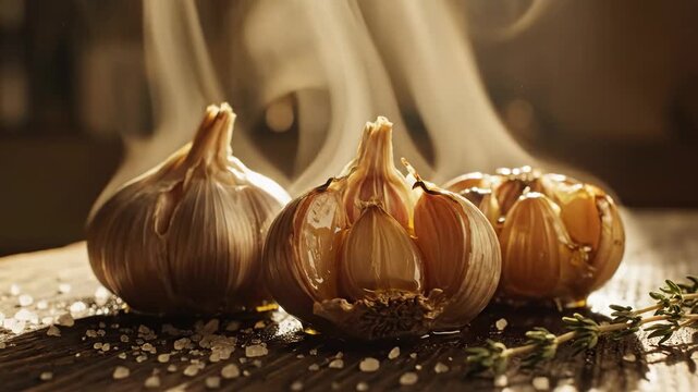 Roasted Garlic Still Life - A close-up shot shows three heads of roasted garlic, one cut open to reveal the cloves, resting on a dark wooden surface sprinkled with coarse sea salt and garnished with