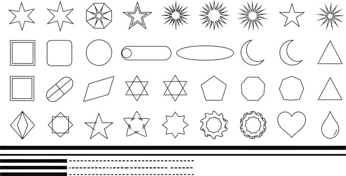 Collection of hand drawn geometric and abstract shapes and symbols outline design elements