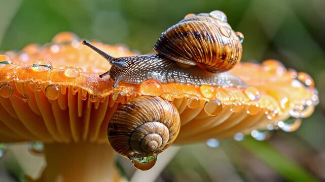 Snail on Mushroom with Water Droplets - A detailed close-up shot features a snail with a brown shell crawling across an orange mushroom cap covered in water droplets.