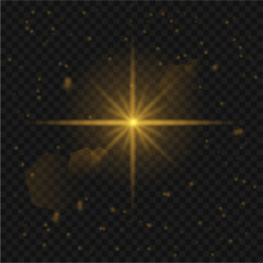 Golden Star Glow Shining  and Lens Flare Effect Vector on Transparent Background. PNG