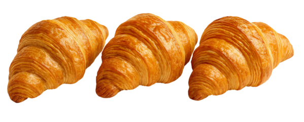 Horizontal row of three golden flaky French croissants