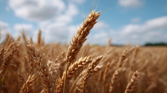 Ripe golden wheat ears sway gently in a field under a clear blue sky with white clouds