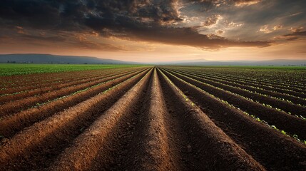 Golden hour illuminates vast, tilled fields, creating rhythmic furrows that stretch to the horizon under a dramatic, cloud-strewn sky. The fresh earth awaits sowing.