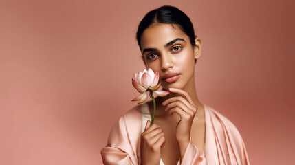 Woman holding pink lotus flower near face on beige background. Natural beauty and spa wellness concept. Ayurvedic skincare with botanical elements. Elegant portrait for relaxation, self-care themes.