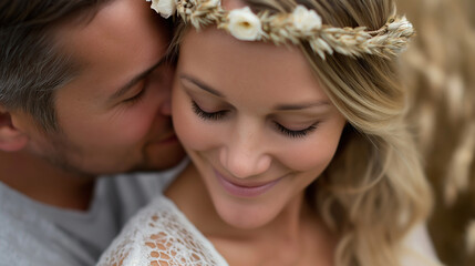 Bräutigam küsst zärtlich Braut mit Blumenkranz auf die Stirn in romantischer Nahaufnahme