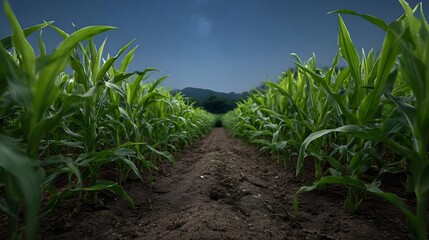 A vibrant green cornfield with neat rows of young maize stalks viewed at night under a dark sky filled with faint stars