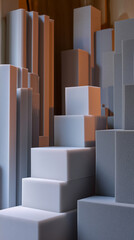 Fototapeta premium Acoustic foam panels in various shapes and sizes. Soundproofing materials for noise reduction, studio insulation blocks in white and gray colors. Sound absorption construction elements display.