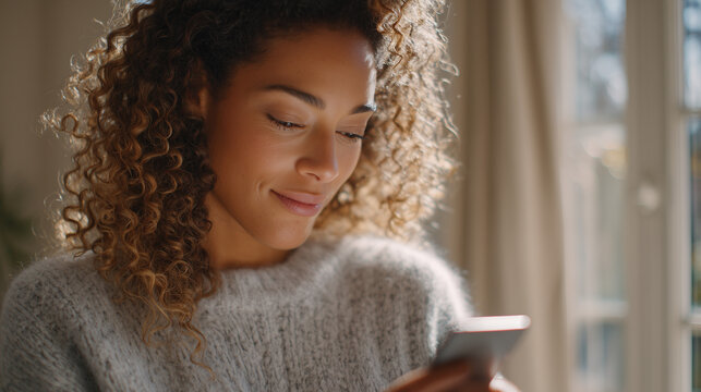 Woman looking at smartphone in soft natural light.