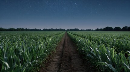 A solitary path leads through a vast cornfield under a dark starry night sky