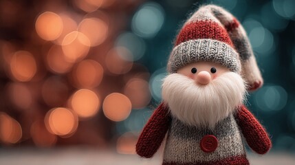 Festive plush gnome with a long, white beard, knitted hat, and sweater. Bokeh lights create a warm background, adding to the holiday ambiance and whimsical charm.