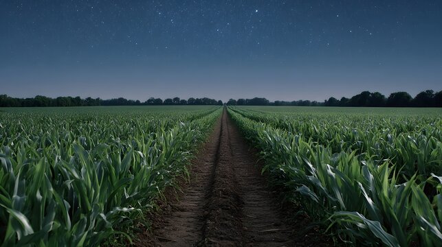 A solitary path leads through a vast cornfield under a dark starry night sky
