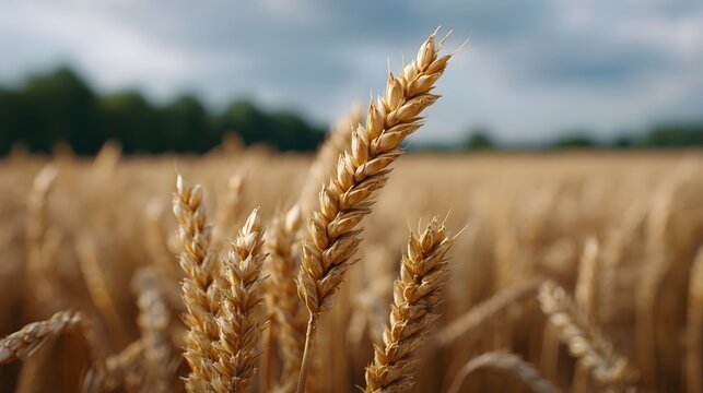 A close up of golden wheat stalks ready for harvest in a vast agricultural field under a cloudy sky