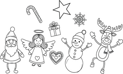 Whimsical hand drawn christmas characters and symbols isolated on white background